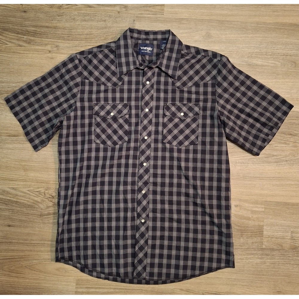 Wrangler Mens Western Cowboy Shirt BlkGray Plaid Short Sleeve Point Collar Large